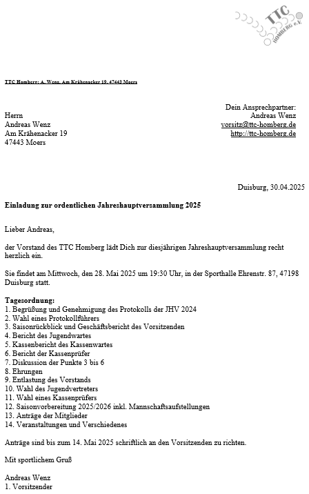 Einladung zur JHV 2025